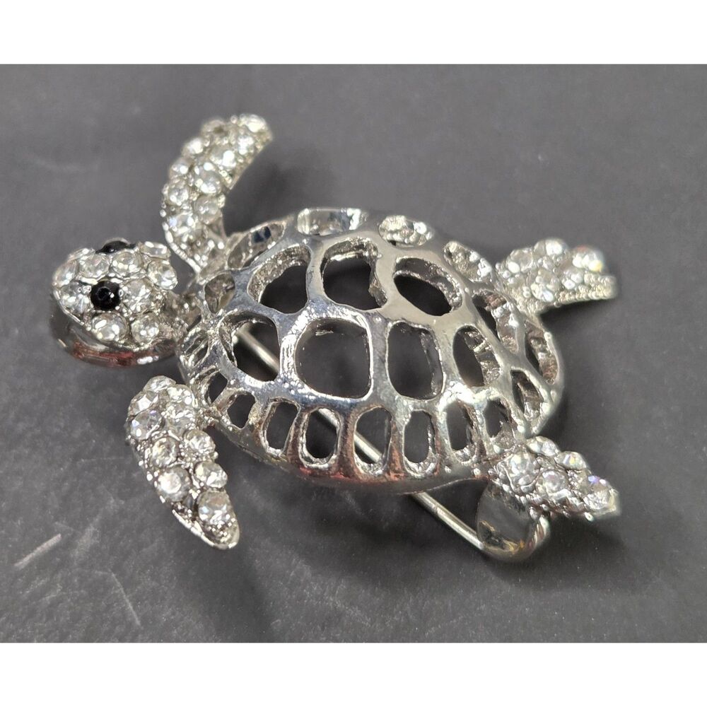Silver Tone Open Work Sea Turtle Brooch Pendant